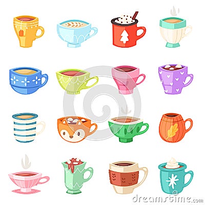 Cartoon cup vector kids mugs hot coffee or tea cupful on breakfast and various shapes of coffeecup illustration set of Vector Illustration