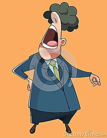 Cartoon curly haired man in a suit stands with his head raised and mouth open Vector Illustration