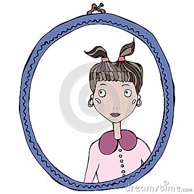 Cartoon Cute Adorable Girl in the Mirror Frame. Vector Illustration. Vector Illustration