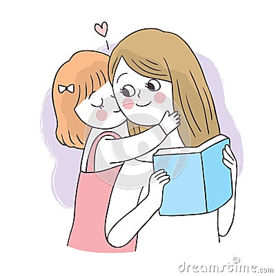 Cartoon cute adorable mother and girl reading book vector. Vector Illustration