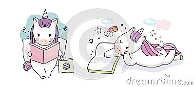 Cartoon cute adorable unicorn reading book vector. Vector Illustration