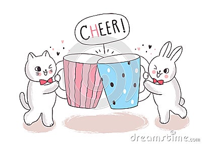 Cartoon cute cat and rabbit and cup coffee vector. Vector Illustration