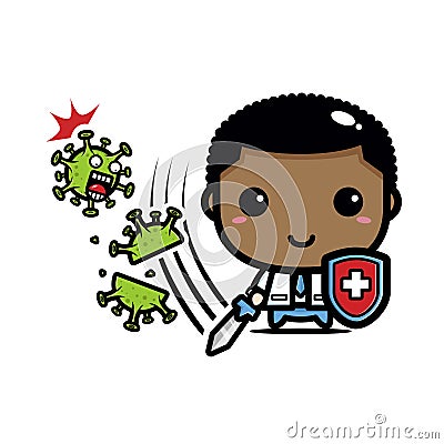 cartoon cute afro male doctor fighting virus with sword Vector Illustration