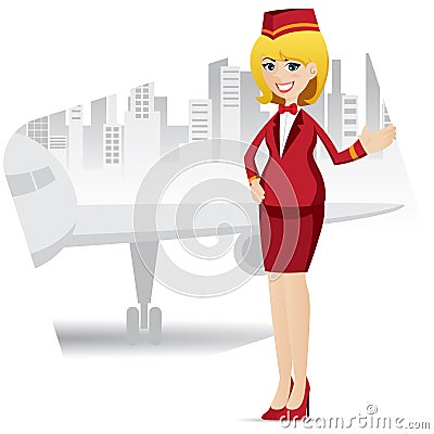 Cartoon cute air hostess with airport background Vector Illustration