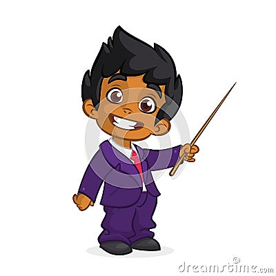 Cartoon cute arab boy dressed up in a mans business blue suit presenting with pointer. Vector illustration Vector Illustration