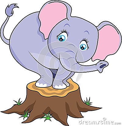 Cartoon cute baby elephant terrified on tree stump Cartoon Illustration