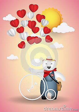 Cartoon, Cute bear, vintage bicycle and heart shaped balloons. Vector Illustration