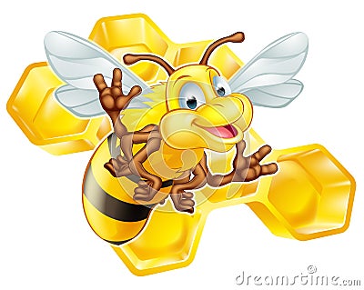 Cartoon cute bee with honeycomb Vector Illustration