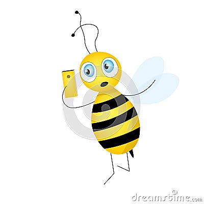 Cartoon cute bee mascot. A cheerful bee with yellow mobile phone. Small wasp. Vector character. Insect icon. Holiday template Vector Illustration