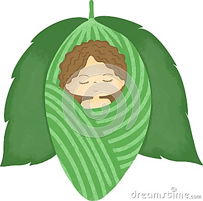 Cartoon cute brown-haired woman in a chrysalis. Vector Illustration