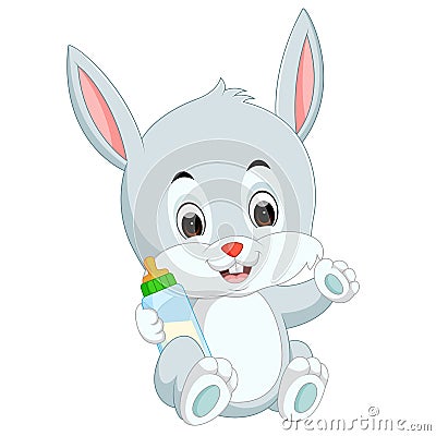 Cartoon cute bunny holding bottle milk with nipple Vector Illustration