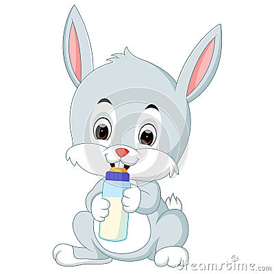 Cartoon cute bunny holding bottle milk with nipple Vector Illustration