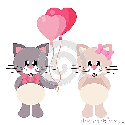 Cartoon cute cat with tie and cat girl with lovely balloons Vector Illustration