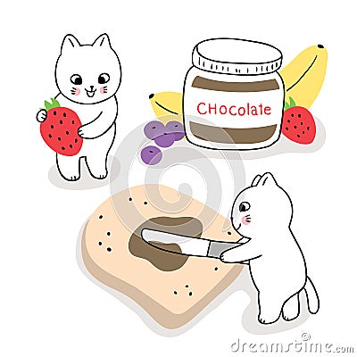 Cartoon cute cats make breakfast, Bread and chocolate . Stock Photo