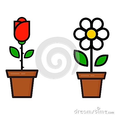 Cartoon cute chamomile and red rose in a pot vector Vector Illustration