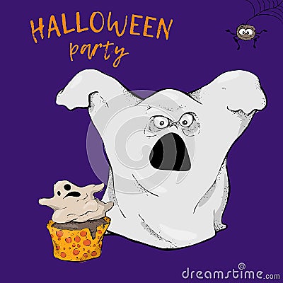 Cartoon cute character ghost in a witch hat in the style of Halloween. Vector Illustration