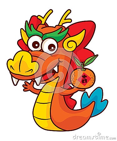 Cartoon cute chinese dragon zodiac holding tangerine orange character vector. Chinese new year 2024 Vector Illustration