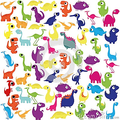 Cartoon Cute And Colorful Group Of Dinosaurs Vector Illustration