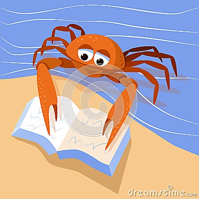 Cartoon cute crab reading a book. Marine broadly built decapod crustacean mascot. Character of sea creature on abstract sea and Vector Illustration