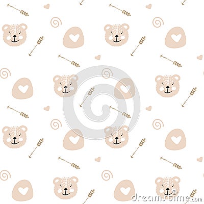 Cartoon cute doodle seamless pattern illustration with cute fluffy bear. Endless texture with graphic background. Scandinavian Cartoon Illustration