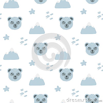 Cartoon cute doodle seamless pattern illustration with cute fluffy blue bear. Endless texture with graphic background. Cartoon Illustration