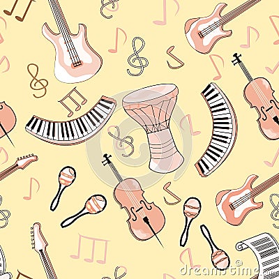 Cartoon cute doodles hand drawn Musical seamless pattern. Endless funny vector illustration. Backdrop with music symbols Vector Illustration