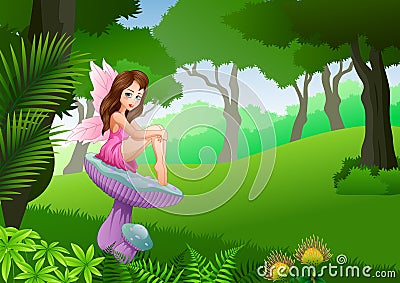 Cartoon cute fairy sitting on mushroom in the tropical forest background Vector Illustration