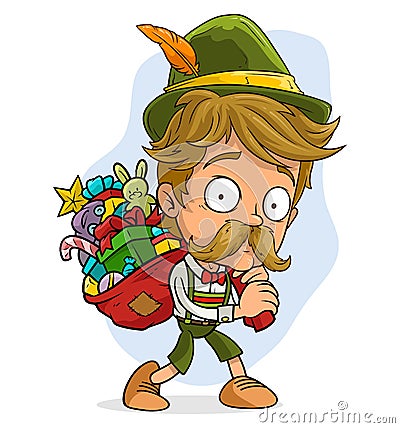 Cartoon funny cute bavarian santa with gifts bag Vector Illustration