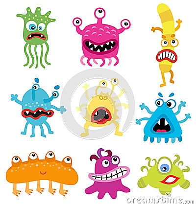 Cartoon cute and funny monsters and bacterias. Vector microbes isolated on white. Vector Illustration