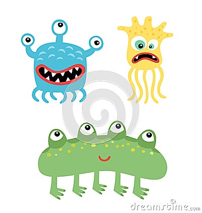 Cartoon cute and funny monsters and bacterias. Vector microbes isolated on white. Vector Illustration