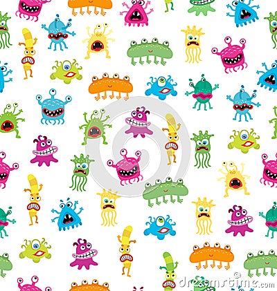 Cartoon cute and funny monsters and bacterias. Vector seamless pattern isolated on white. Vector Illustration