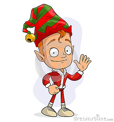 Cartoon funny christmas elf showing hello sign Vector Illustration