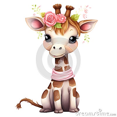Cute Giraffe Flowers Valentine Watercolor Clipart Illustration AI Generative Stock Photo