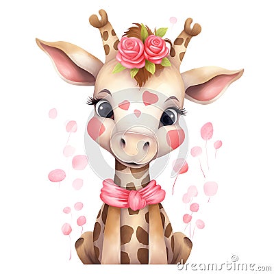 Cute Giraffe Flowers Valentine Watercolor Clipart Illustration AI Generative Stock Photo