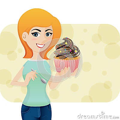 Cartoon cute girl with sweeties cupcake Vector Illustration