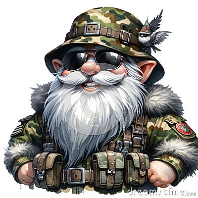 Cute Gnome Army Soldier Camouflage Clipart Illustration AI Generative Stock Photo