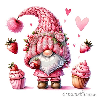 Cute Gnome Cupcake Strawberry Valentine's Day Clipart Illustration AI Generative Stock Photo