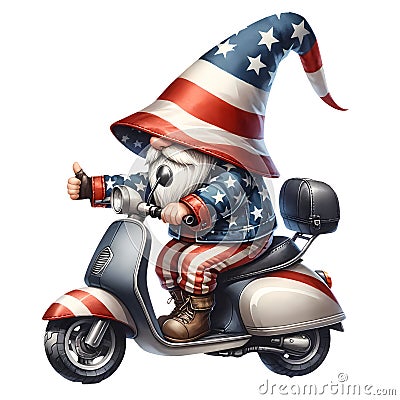 Cute Gnome Riding Motorcycle American Watercolor Clipart Illustration AI Generative Stock Photo