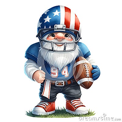 Cute Gnome Wearing American Football Watercolor Clipart Illustration AI Generative Stock Photo