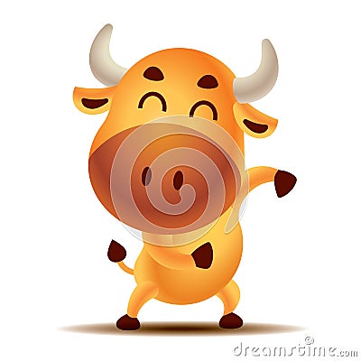 Cartoon cute golden bull character is dancing happily. Ox/Bull/Cow. Cow dancing pose Vector Illustration