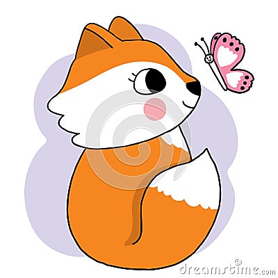 Cartoon cute hand draw fox and butterfly vector. Vector Illustration