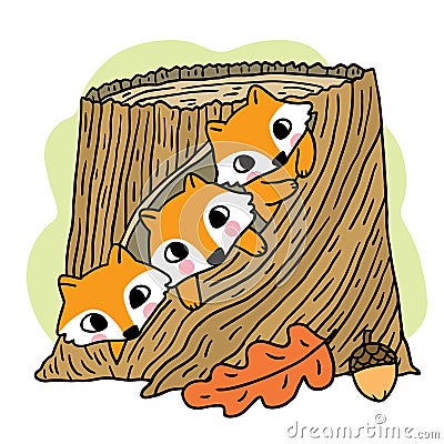 Cartoon cute hand draw three foxes in log, Autumn vector. Vector Illustration