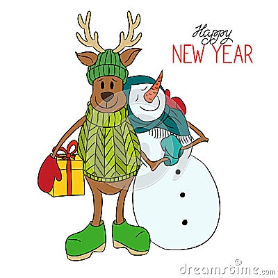 Cartoon cute hand drawn Christmas deer with snowwoman Vector Illustration