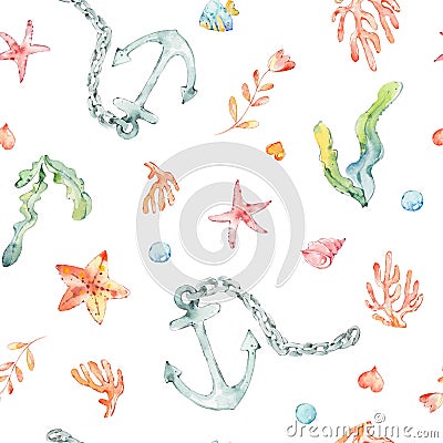 Cartoon cute hand drawn sea life seamless pattern. Hand-drawn underwater sea elements: sea stars, anchor, Coral, shells Stock Photo