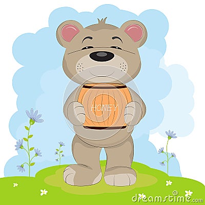 Cartoon a cute happy bear carries a barrel of honey Vector Illustration