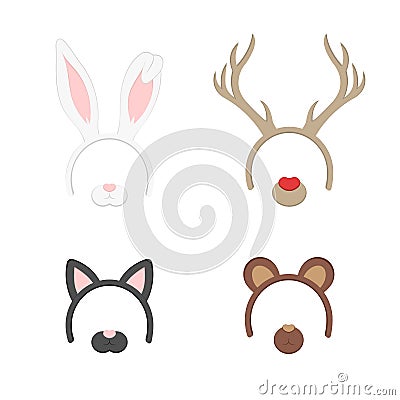 Cartoon Cute Headband with Ears Holiday Set. Rabbit, deer, cat, bear. Flat Design Style. Party Mask Vector illustration. Cartoon Illustration