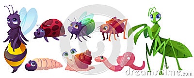 Cute cartoon insects characters snail, bee or bugs Vector Illustration