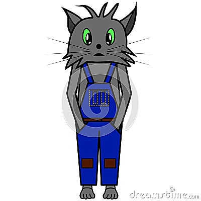 Cartoon cute kitten dressed in overalls. Cat illustration. Cartoon Illustration