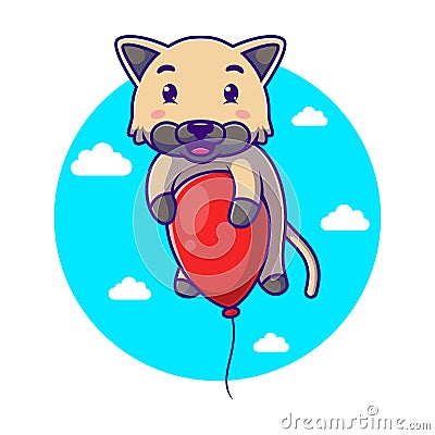cartoon cute kitten flying with a red balloon Cartoon Illustration