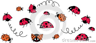 Cartoon cute Ladybugs vector illustration. Cartoon ladybirds flying, Summer insect digitall illustration. Doodle bugs Vector Illustration